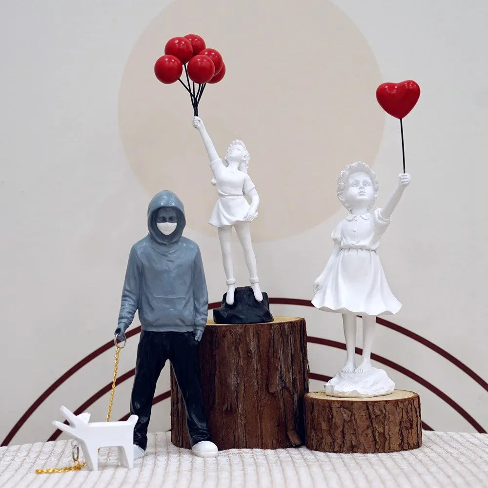Artify Banksy Skulpturenkollektion | Blumenwerfer & Ballonmädchen | Pop-Art-Figuren | Moderne Büro- & Wohndekoration