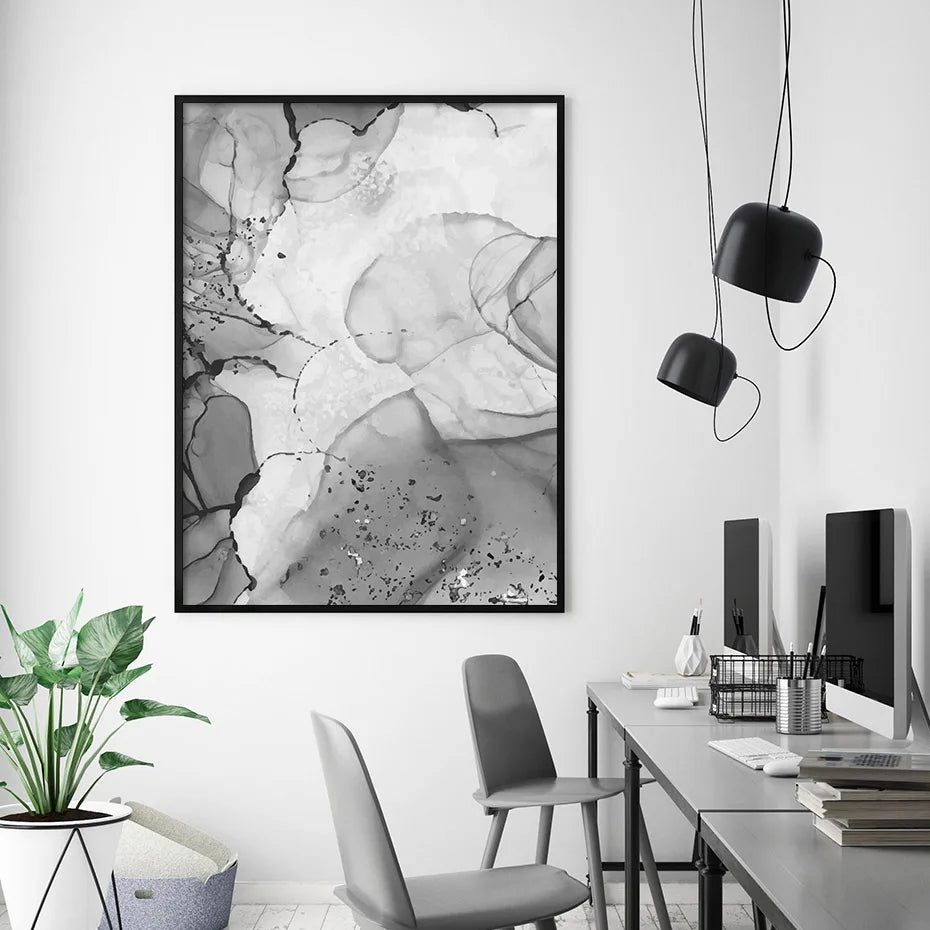 Moderne graue flüssige Marmor-Print Wandkunst feine Kunst Leinwanddrucke abstrakte schwarz-weiße Posterbilder für Wohnzimmer Home Office Kunst Dekor | Karnz