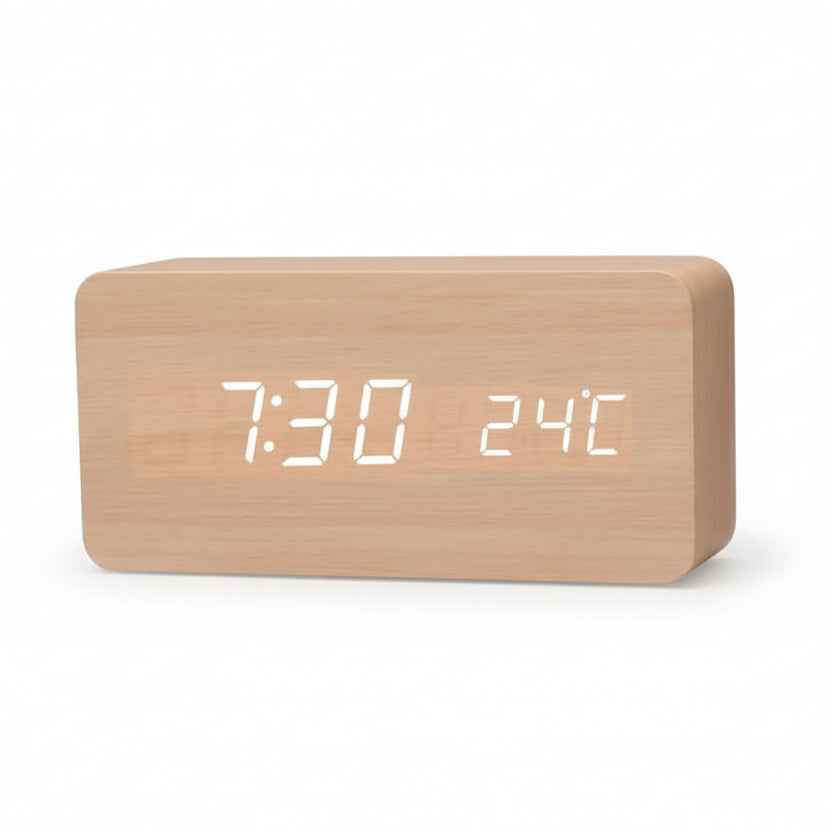 LED-Wecker Holzoptik mit 3 Alarmen & Temperatur | Karnz