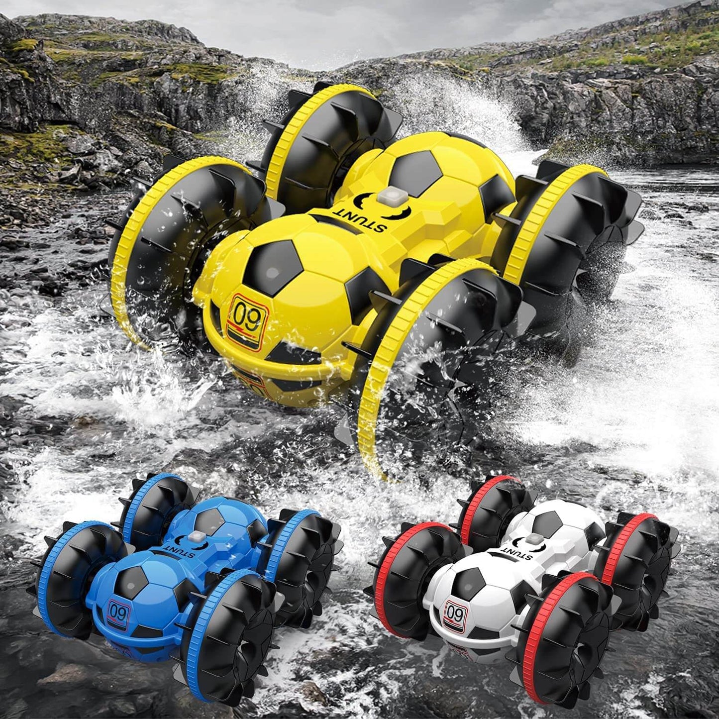 Amphibienauto mit Fernsteuerung, Geländefußball, ferngesteuertes Boot, Poolspielzeug, Geschenk für Jungen und Mädchen