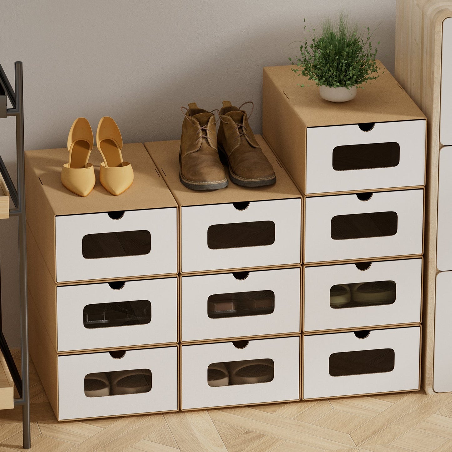 Aufbewahrungsboxen Pappe mit Sichtfenster & Schublade 10er Set | Karnz