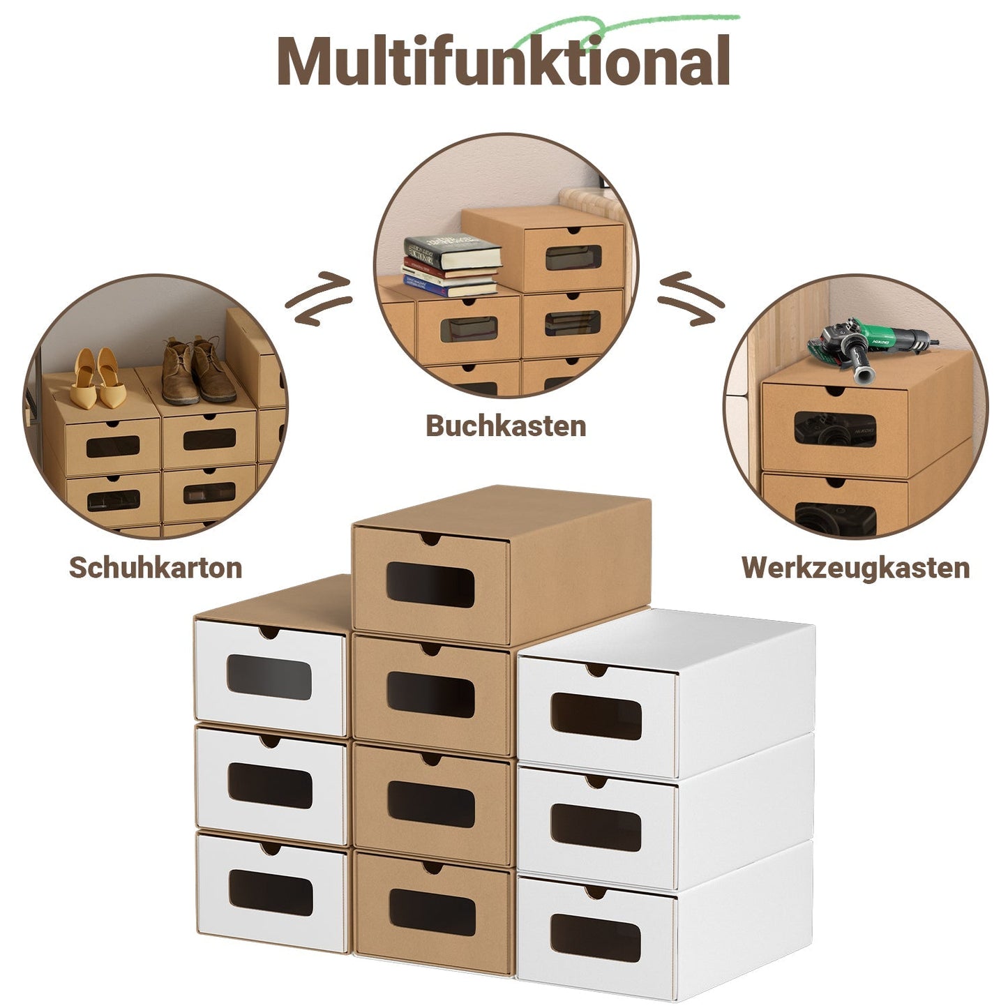 Aufbewahrungsboxen Pappe mit Sichtfenster & Schublade 10er Set | Karnz