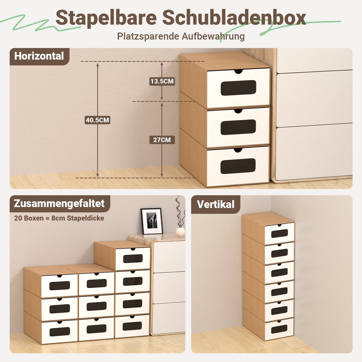 Aufbewahrungsboxen Pappe mit Sichtfenster & Schublade 10er Set | Karnz