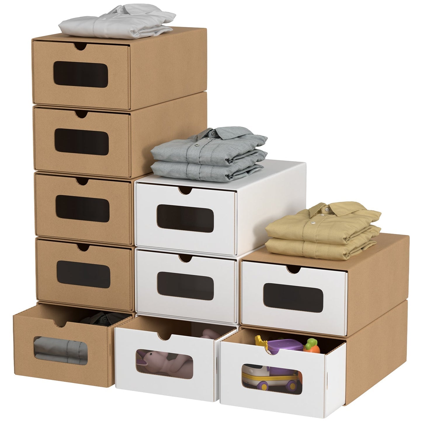 Aufbewahrungsboxen Pappe mit Sichtfenster & Schublade 10er Set | Karnz