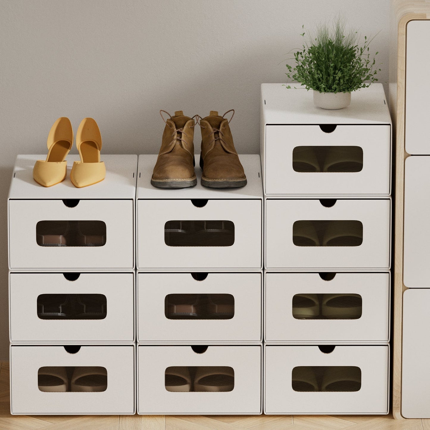 Aufbewahrungsboxen Pappe mit Sichtfenster & Schublade 10er Set | Karnz