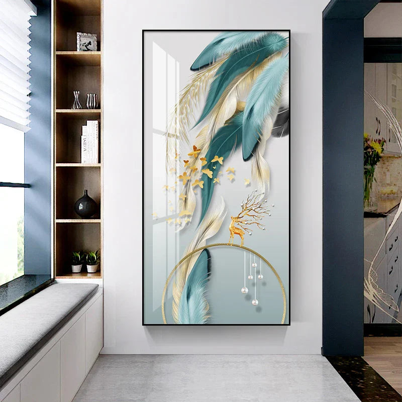 Glückverheißend Abstrakt Goldene Feder Hirsch Landschaft Wandkunst Feine Kunst Leinwanddrucke Bilder Für Wohnzimmer Eingang Foyer Licht Luxuriöse Wohnkultur