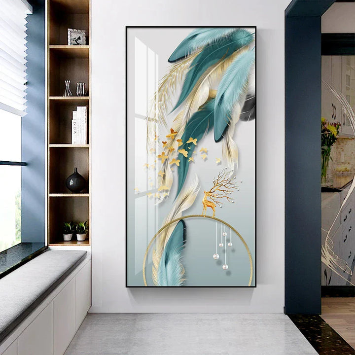 Glückverheißend Abstrakt Goldene Feder Hirsch Landschaft Wandkunst Feine Kunst Leinwanddrucke Bilder Für Wohnzimmer Eingang Foyer Licht Luxuriöse Wohnkultur