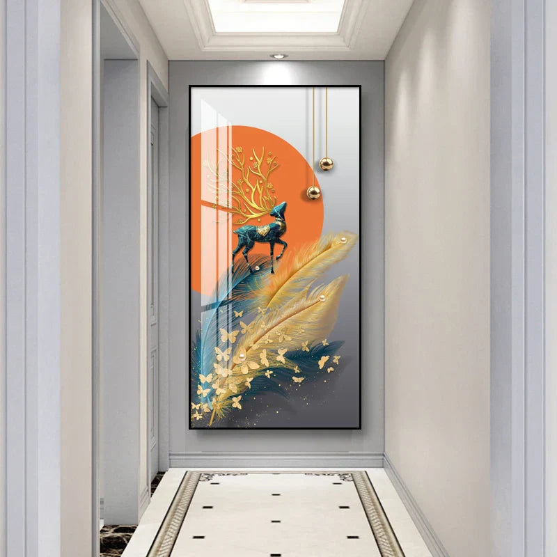 Glückverheißend Abstrakt Goldene Feder Hirsch Landschaft Wandkunst Feine Kunst Leinwanddrucke Bilder Für Wohnzimmer Eingang Foyer Licht Luxuriöse Wohnkultur