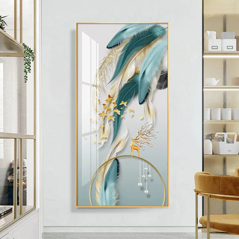 Glückverheißend Abstrakt Goldene Feder Hirsch Landschaft Wandkunst Feine Kunst Leinwanddrucke Bilder Für Wohnzimmer Eingang Foyer Licht Luxuriöse Wohnkultur