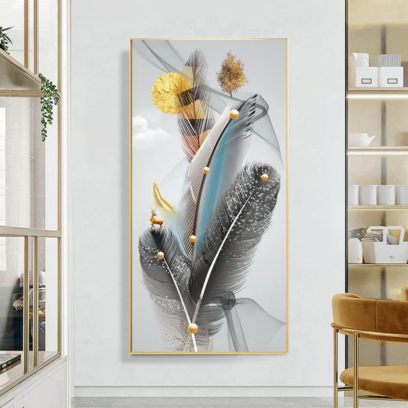Glückverheißend Abstrakt Goldene Feder Hirsch Landschaft Wandkunst Feine Kunst Leinwanddrucke Bilder Für Wohnzimmer Eingang Foyer Licht Luxuriöse Wohnkultur