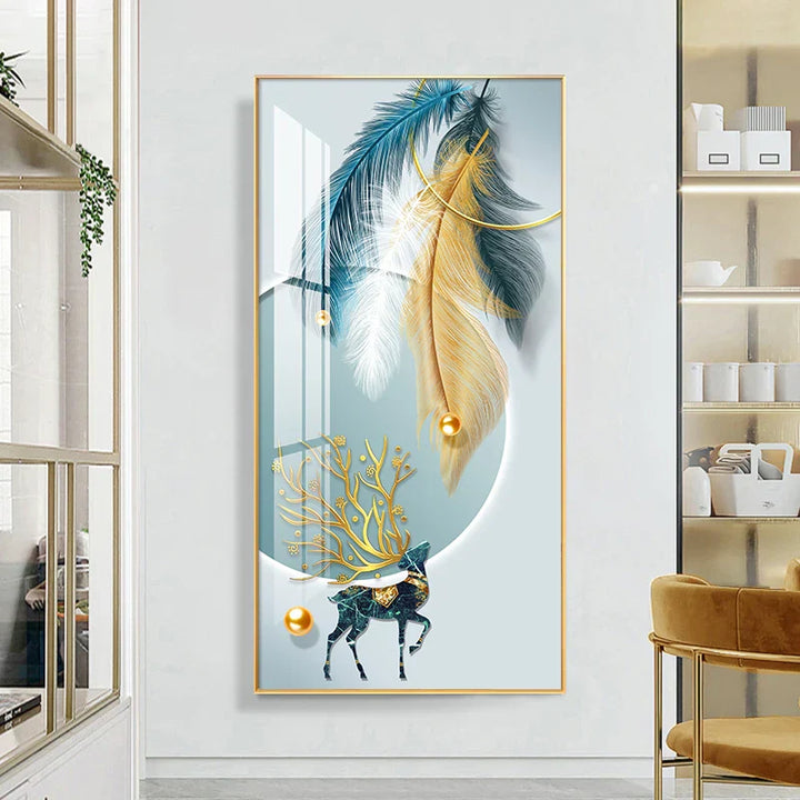 Glückverheißend Abstrakt Goldene Feder Hirsch Landschaft Wandkunst Feine Kunst Leinwanddrucke Bilder Für Wohnzimmer Eingang Foyer Licht Luxuriöse Wohnkultur