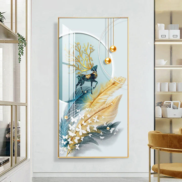 Glückverheißend Abstrakt Goldene Feder Hirsch Landschaft Wandkunst Feine Kunst Leinwanddrucke Bilder Für Wohnzimmer Eingang Foyer Licht Luxuriöse Wohnkultur