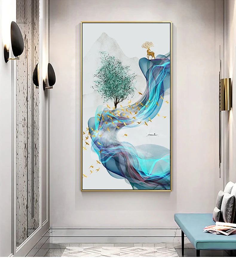 Glückbringende Goldene Reh Fließende Abstrakte Landschaft Wandkunst Fein Kunst Leinwand Drucke Inspirierende Bilder Für Wohnzimmer Esszimmer Kunst Dekor