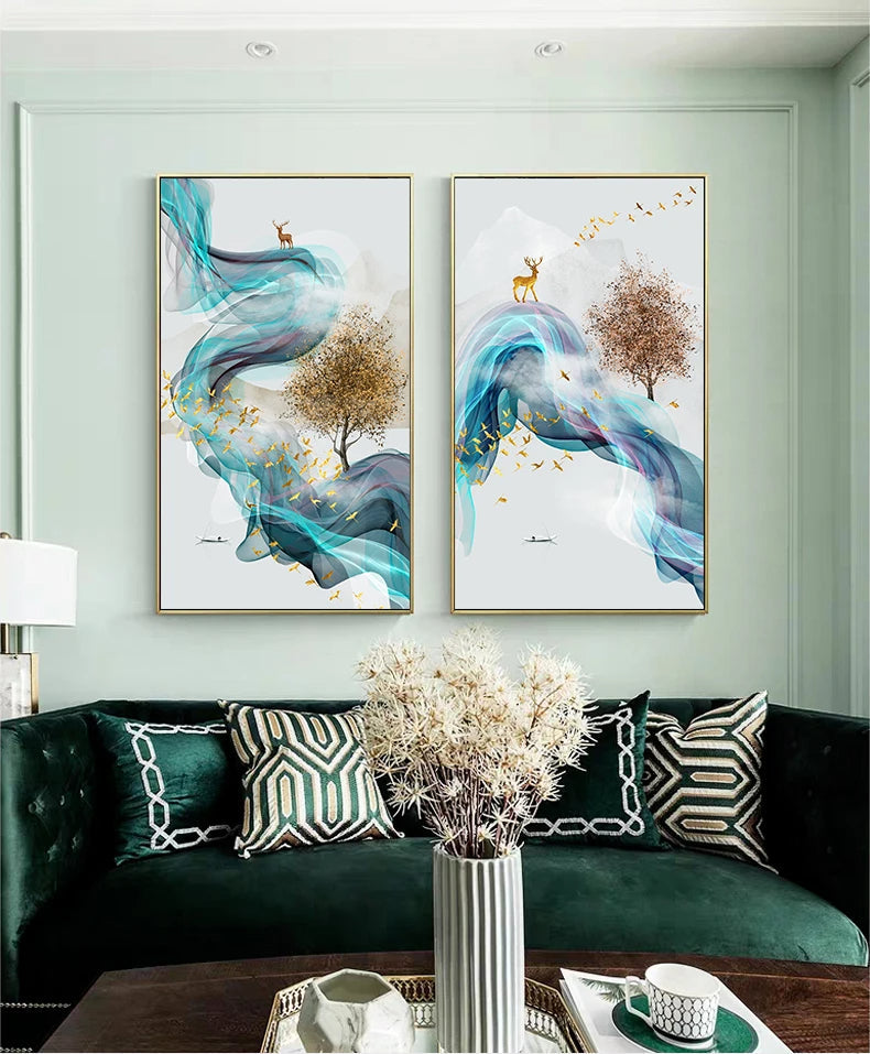 Glückbringende Goldene Reh Fließende Abstrakte Landschaft Wandkunst Fein Kunst Leinwand Drucke Inspirierende Bilder Für Wohnzimmer Esszimmer Kunst Dekor