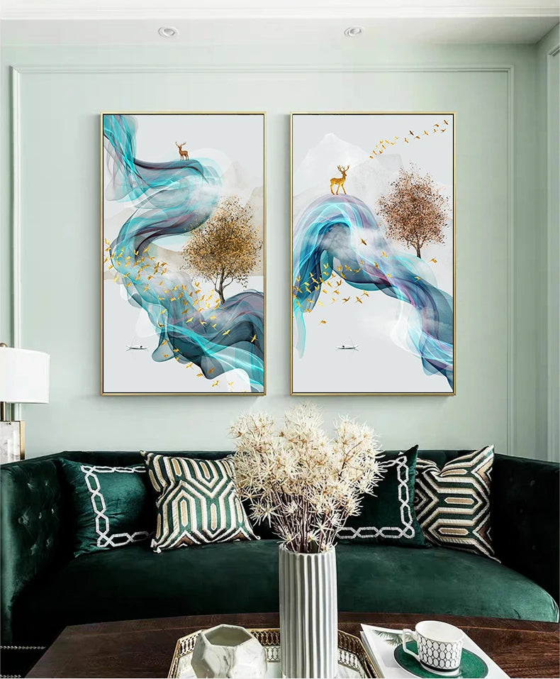 Glückbringende Goldene Reh Fließende Abstrakte Landschaft Wandkunst Fein Kunst Leinwand Drucke Inspirierende Bilder Für Wohnzimmer Esszimmer Kunst Dekor