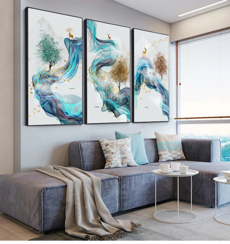 Glückbringende Goldene Reh Fließende Abstrakte Landschaft Wandkunst Fein Kunst Leinwand Drucke Inspirierende Bilder Für Wohnzimmer Esszimmer Kunst Dekor