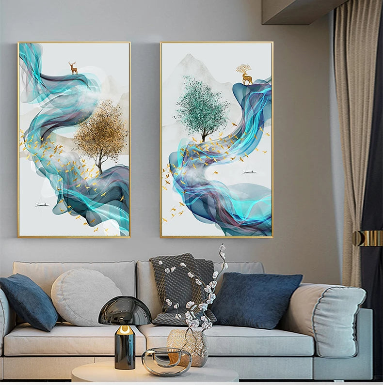 Glückbringende Goldene Reh Fließende Abstrakte Landschaft Wandkunst Fein Kunst Leinwand Drucke Inspirierende Bilder Für Wohnzimmer Esszimmer Kunst Dekor