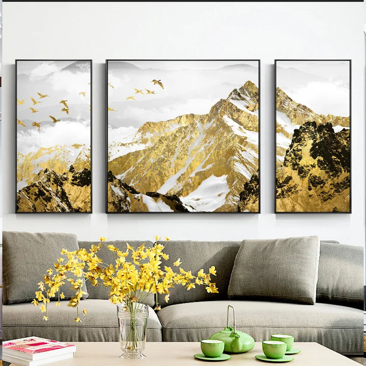 Günstige Goldene Berg Triptychon Landschaft Wandkunst Fine Art Leinwand Drucke Set von 3 Stück Bildern für Wohnzimmer Esszimmer Leichte Luxus Wohnkultur