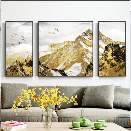 Günstige Goldene Berg Triptychon Landschaft Wandkunst Fine Art Leinwand Drucke Set von 3 Stück Bildern für Wohnzimmer Esszimmer Leichte Luxus Wohnkultur