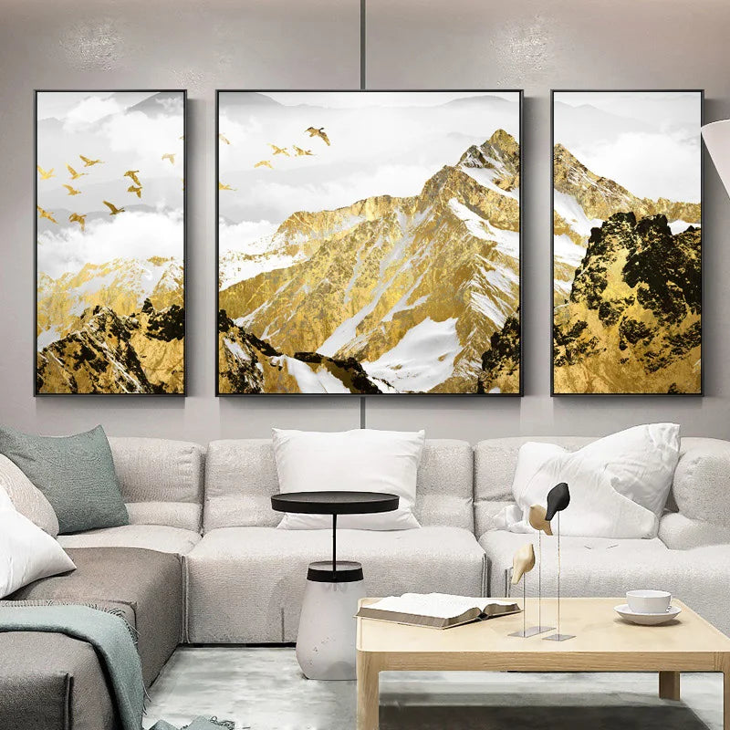 Günstige Goldene Berg Triptychon Landschaft Wandkunst Fine Art Leinwand Drucke Set von 3 Stück Bildern für Wohnzimmer Esszimmer Leichte Luxus Wohnkultur