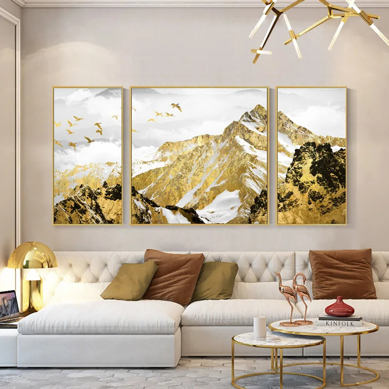 Günstige Goldene Berg Triptychon Landschaft Wandkunst Fine Art Leinwand Drucke Set von 3 Stück Bildern für Wohnzimmer Esszimmer Leichte Luxus Wohnkultur