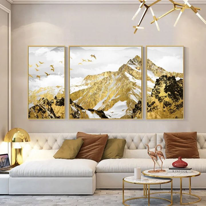 Günstige Goldene Berg Triptychon Landschaft Wandkunst Fine Art Leinwand Drucke Set von 3 Stück Bildern für Wohnzimmer Esszimmer Leichte Luxus Wohnkultur