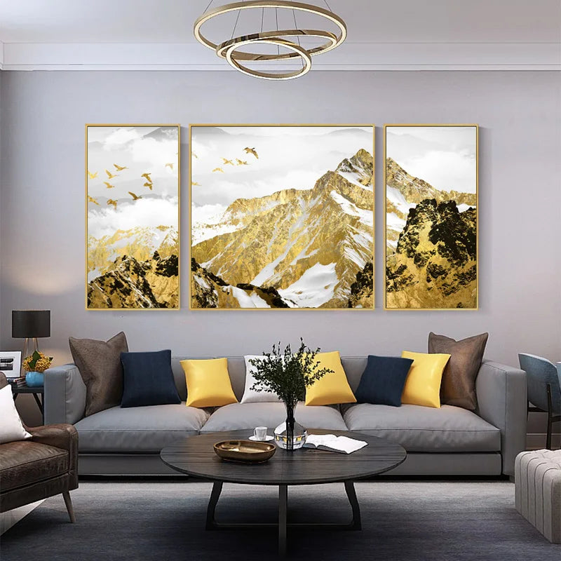 Günstige Goldene Berg Triptychon Landschaft Wandkunst Fine Art Leinwand Drucke Set von 3 Stück Bildern für Wohnzimmer Esszimmer Leichte Luxus Wohnkultur