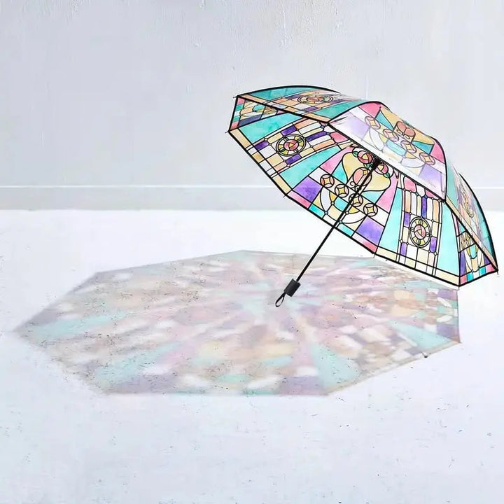 Automatischer Regenschirm – Vintage-Design mit Buntglas und Windvorhersage