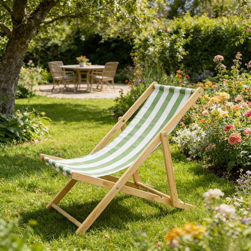 Moderner minimalistischer rechteckiger Oxford-Stoff solider Kiefernholz Outdoor-Strandstuhl faltbarer Liegestuhl mit Rückenlehne für den Außenbereich | Karnz