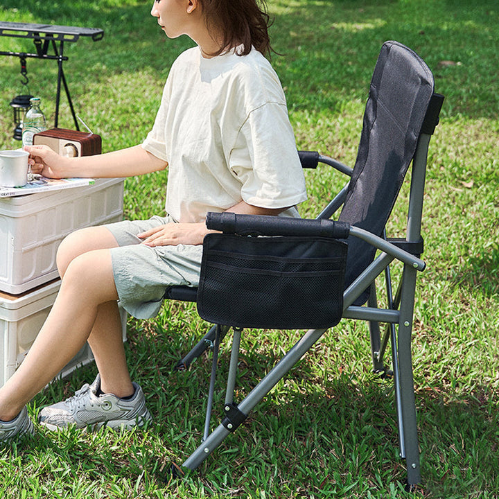 Moderner Minimalistischer Quadratischer Kohlenstoffstahl Oxford-Gewebe Klappbarer Rückenlehne Armlehne Schwarzer Campingstuhl Für Draußen | Karnz
