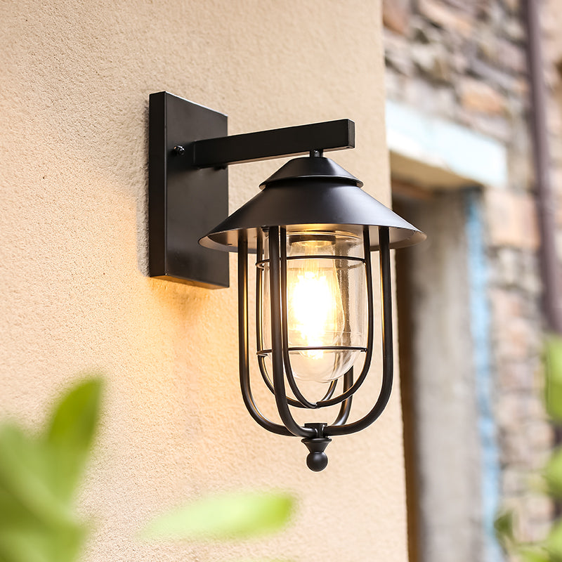 Zeitgenössische industrielle Eisen- & Glass eingekäfigte Zylinder 1-Licht Wandleuchte Lampe für Außenpatio | Karnz