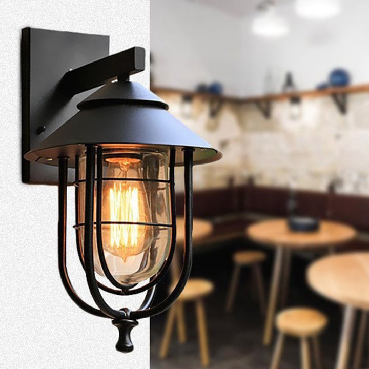 Zeitgenössische industrielle Eisen- & Glass eingekäfigte Zylinder 1-Licht Wandleuchte Lampe für Außenpatio | Karnz
