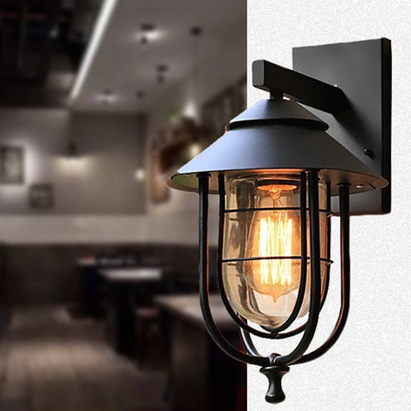Zeitgenössische industrielle Eisen- & Glass eingekäfigte Zylinder 1-Licht Wandleuchte Lampe für Außenpatio | Karnz