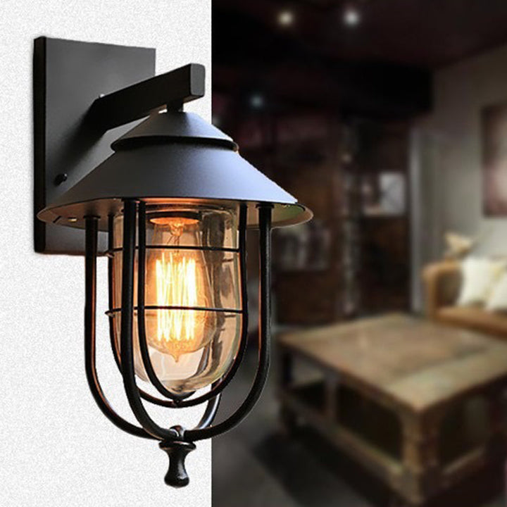 Zeitgenössische industrielle Eisen- & Glass eingekäfigte Zylinder 1-Licht Wandleuchte Lampe für Außenpatio | Karnz