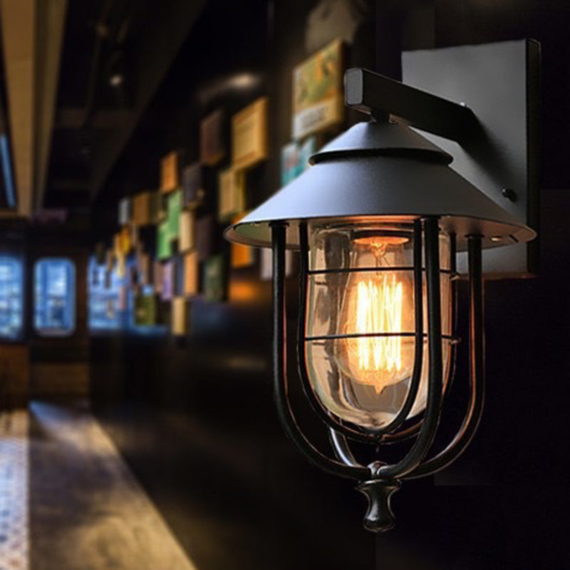 Zeitgenössische industrielle Eisen- & Glass eingekäfigte Zylinder 1-Licht Wandleuchte Lampe für Außenpatio | Karnz
