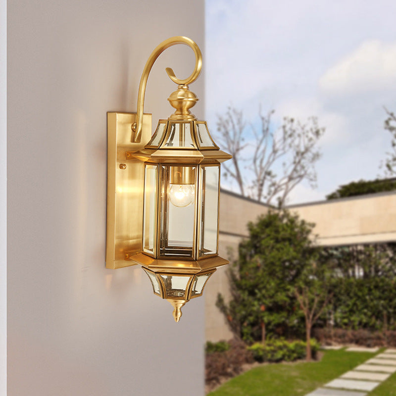 Polygonale, wasserdichte Wandleuchte aus Messing und Glas mit einer Lichtquelle für Schlafzimmer, Terrasse und Garten