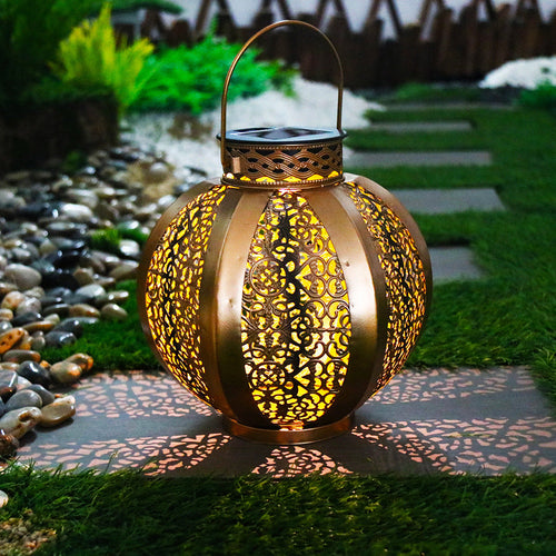 Moderne Art Deco Solar Wasserdichte Sechseckige Runde Laterne Eisen LED Außenlicht Für Garten | Karnz