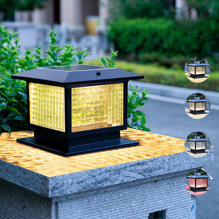 Moderner minimalistischer solarbetriebener wasserdichter rechteckiger Diamantstreifen-Glas-Schirm Aluminiumrahmen LED-Pfostenkopflicht für den Garten | Karnz