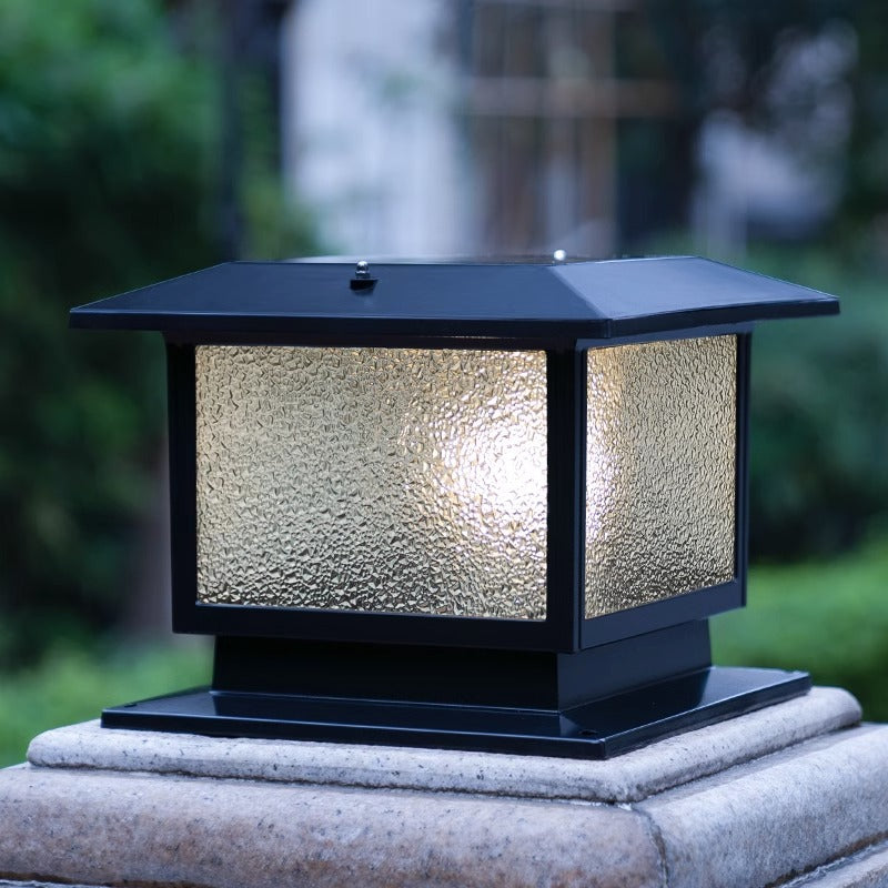 Moderner minimalistischer solarbetriebener wasserdichter rechteckiger Diamantstreifen-Glas-Schirm Aluminiumrahmen LED-Pfostenkopflicht für den Garten | Karnz