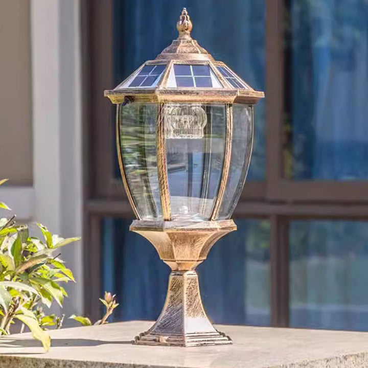Zeitgenössische Retro-Hexagon-Aluminium-Glas-LED-Solar-Postkopf-Landschaftslicht Für Garten | Karnz