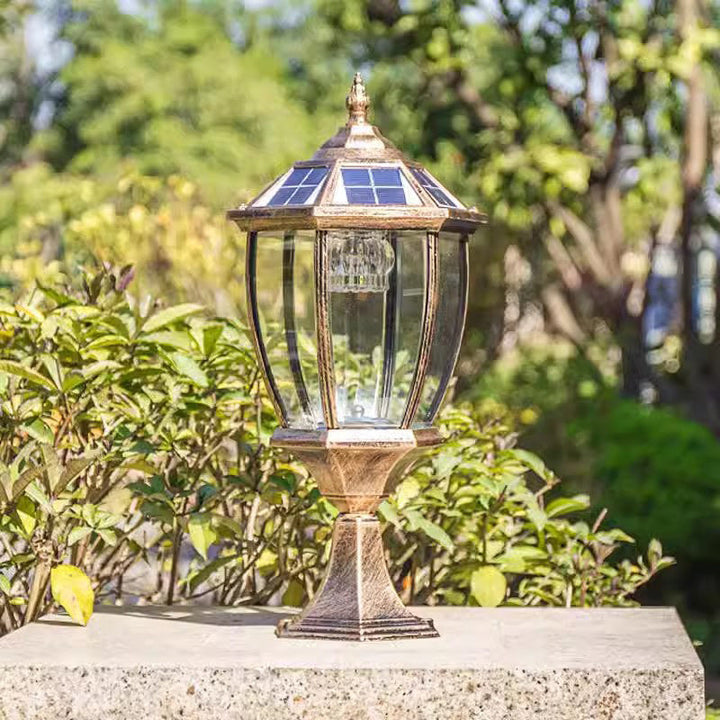 Zeitgenössische Retro-Hexagon-Aluminium-Glas-LED-Solar-Postkopf-Landschaftslicht Für Garten | Karnz