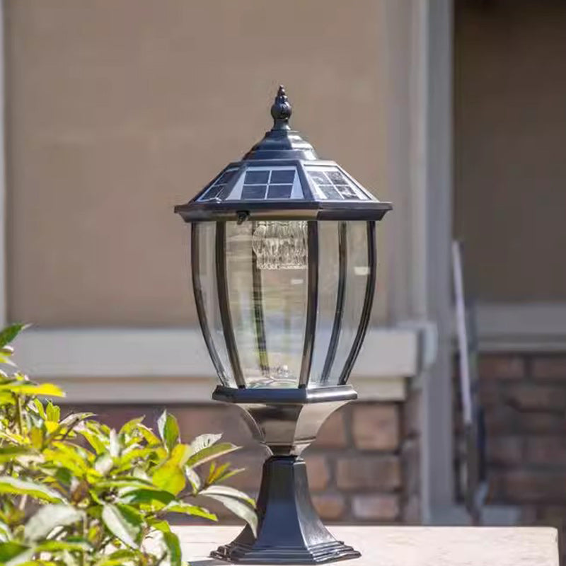 Zeitgenössische Retro-Hexagon-Aluminium-Glas-LED-Solar-Postkopf-Landschaftslicht Für Garten | Karnz