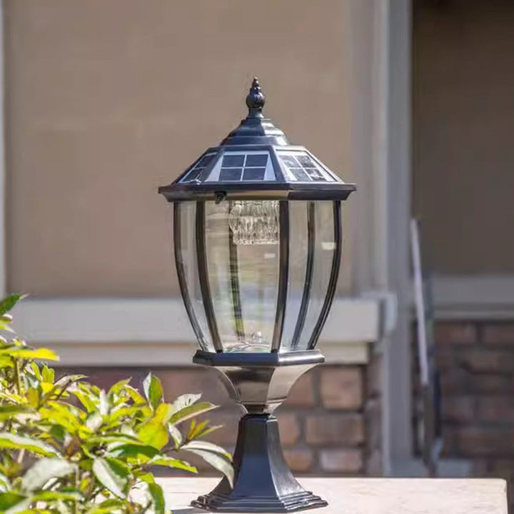 Zeitgenössische Retro-Hexagon-Aluminium-Glas-LED-Solar-Postkopf-Landschaftslicht Für Garten | Karnz