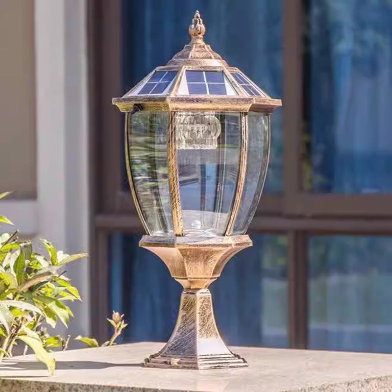 Zeitgenössische Retro-Hexagon-Aluminium-Glas-LED-Solar-Postkopf-Landschaftslicht Für Garten | Karnz