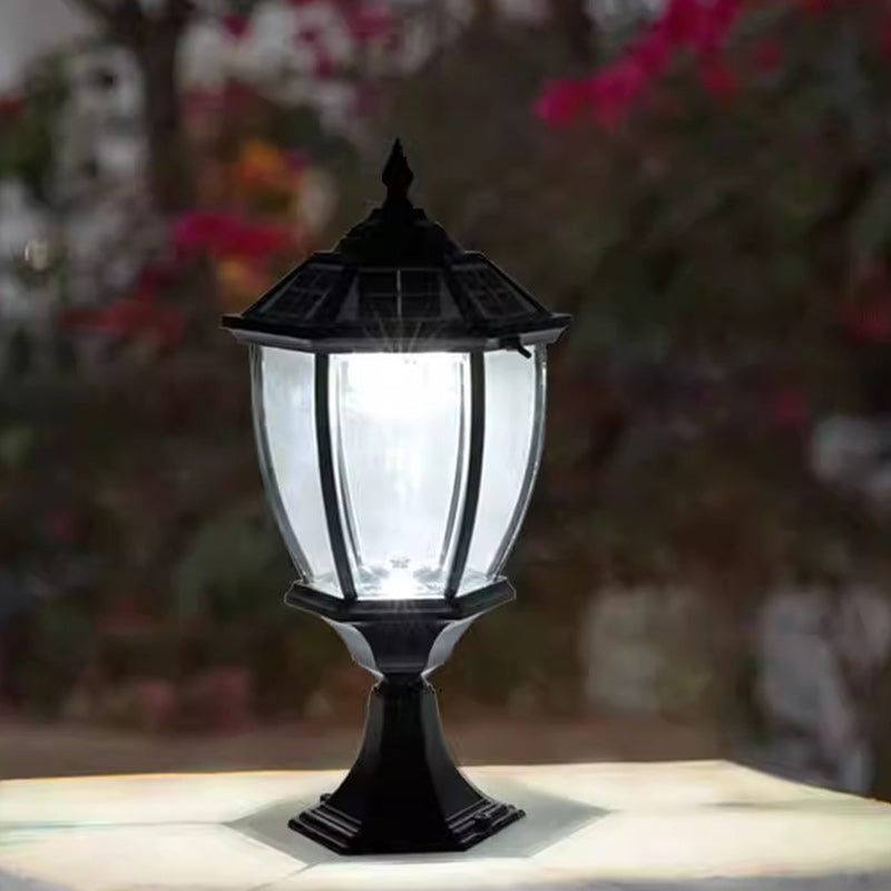 Zeitgenössische Retro-Hexagon-Aluminium-Glas-LED-Solar-Postkopf-Landschaftslicht Für Garten | Karnz