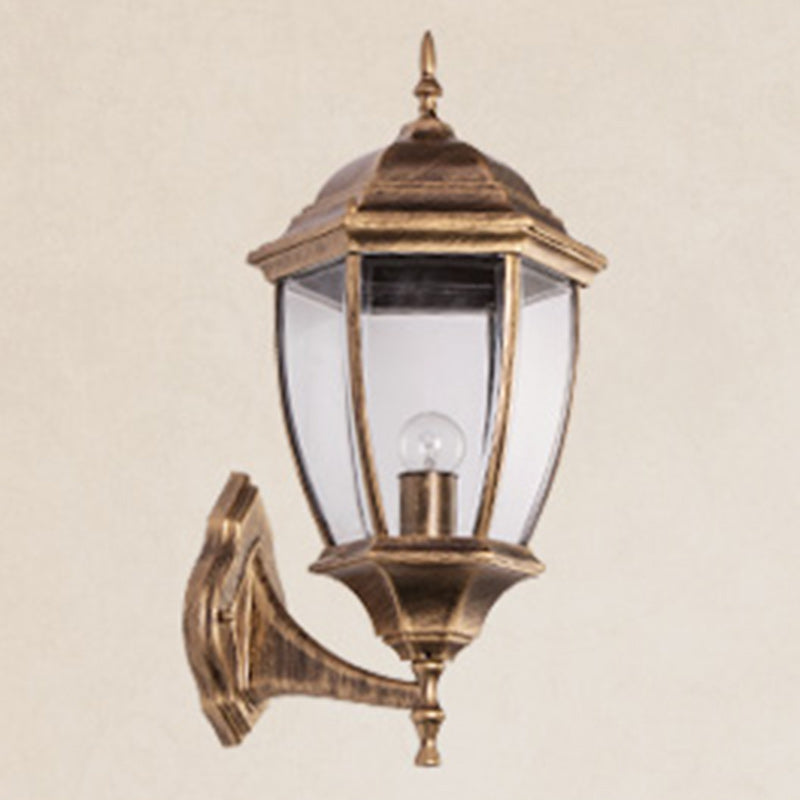 Zeitgenössische Retro Wasserdichte Sechseckige Käfig Aluminium Mattiertes Klarglas 1-Licht Wandlampe Für Außenpatio | Karnz