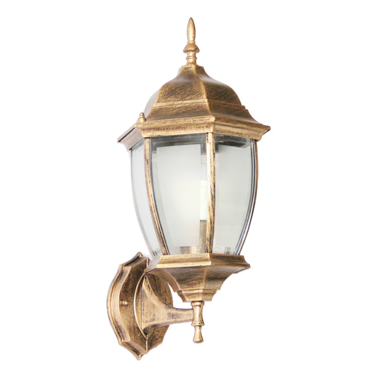 Zeitgenössische Retro Wasserdichte Sechseckige Käfig Aluminium Mattiertes Klarglas 1-Licht Wandlampe Für Außenpatio | Karnz