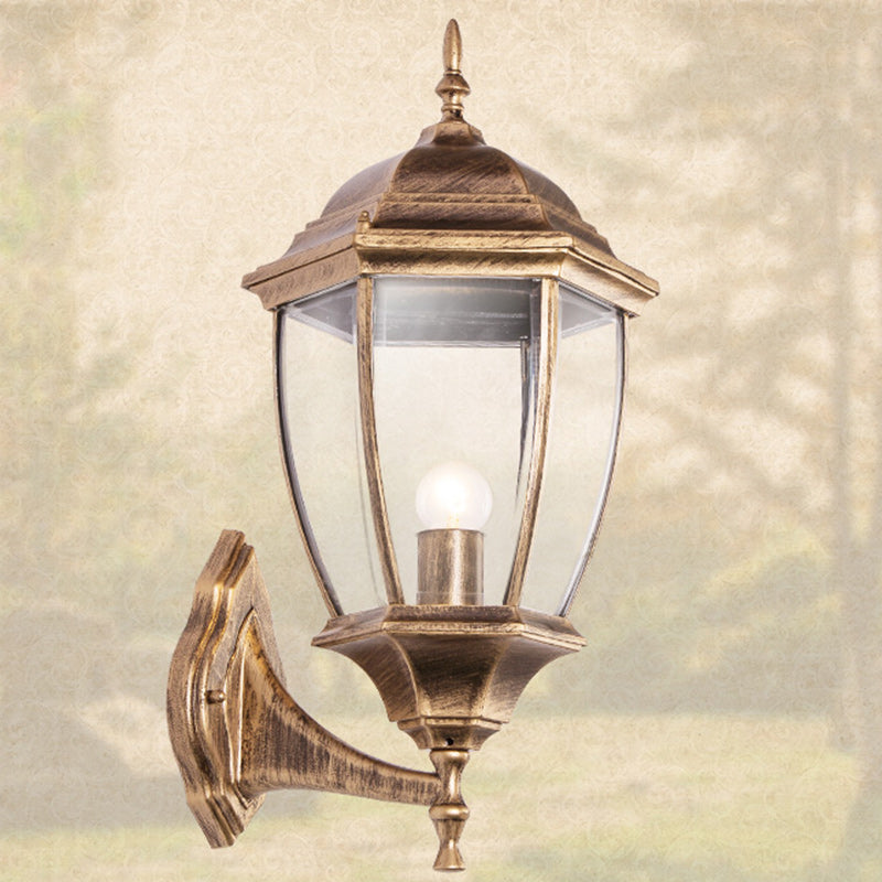 Zeitgenössische Retro Wasserdichte Sechseckige Käfig Aluminium Mattiertes Klarglas 1-Licht Wandlampe Für Außenpatio | Karnz