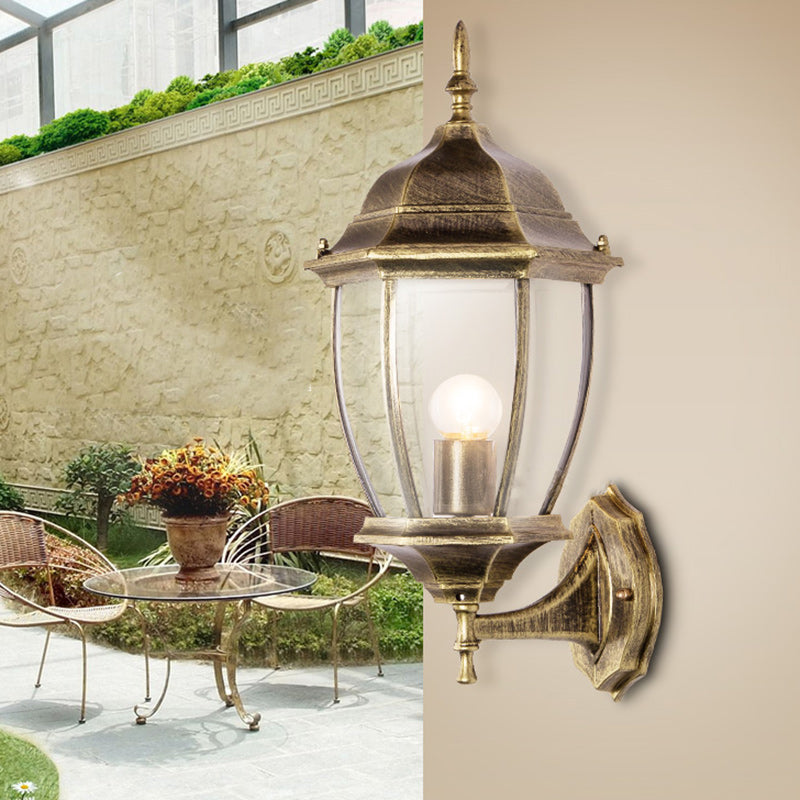 Zeitgenössische Retro Wasserdichte Sechseckige Käfig Aluminium Mattiertes Klarglas 1-Licht Wandlampe Für Außenpatio | Karnz