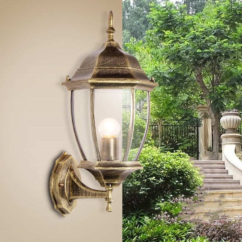 Zeitgenössische Retro Wasserdichte Sechseckige Käfig Aluminium Mattiertes Klarglas 1-Licht Wandlampe Für Außenpatio | Karnz